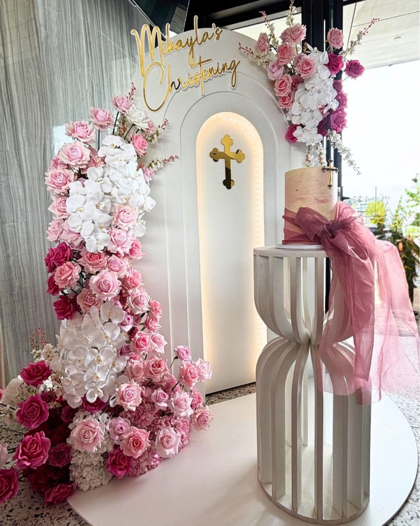 white and pink theme christening backdrop