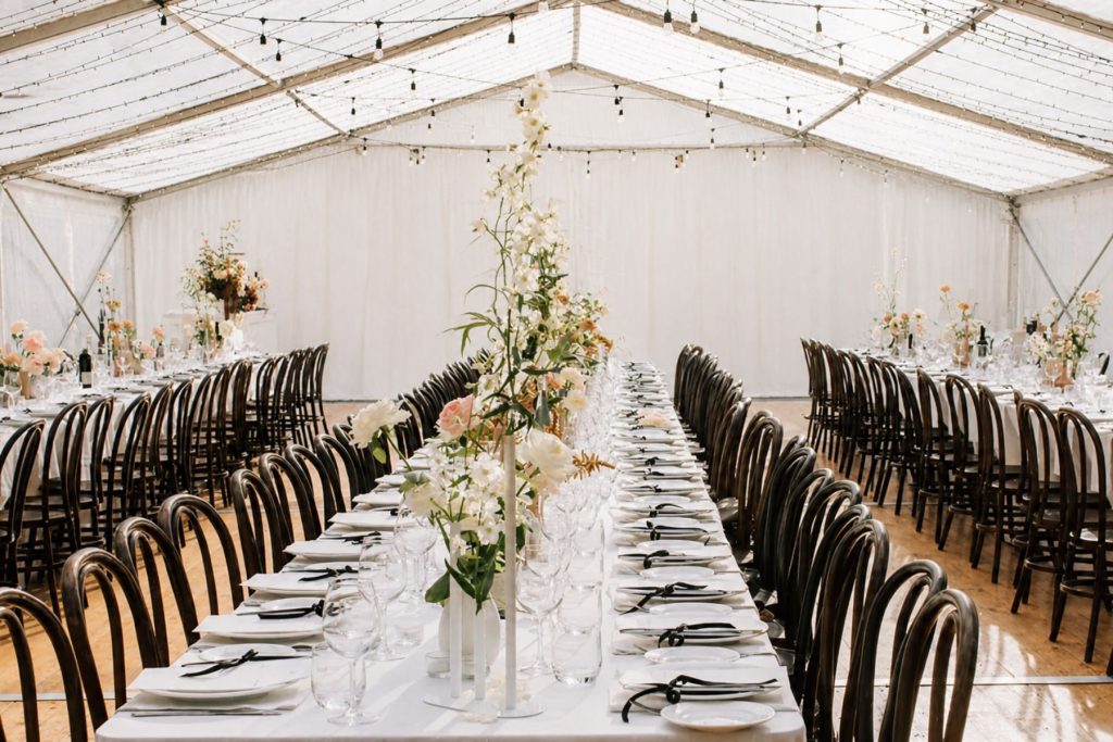 styling for a wedding in a white marquee