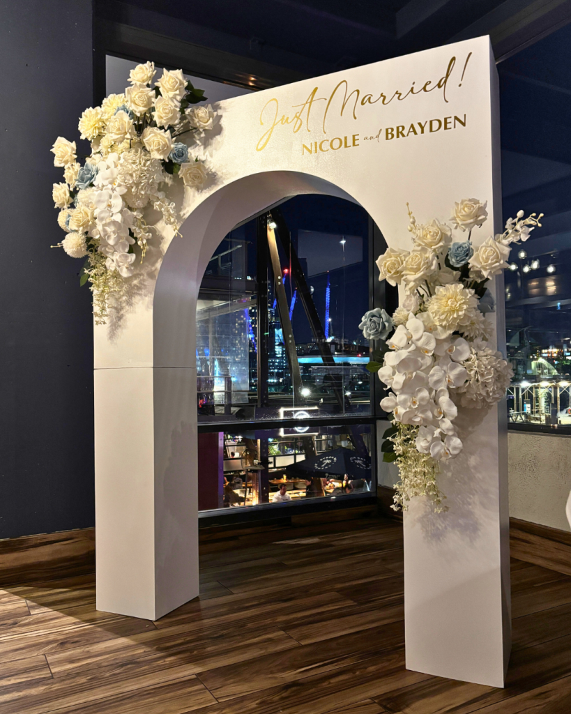 Post Wedding Party backdrop Blue and White | Prop hire and Co